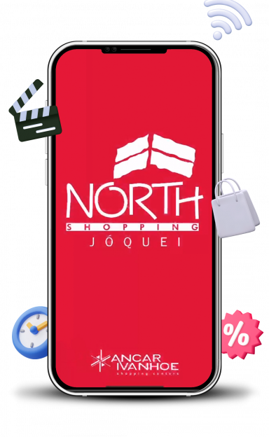 a imagem mostra uma tela de celular onde é possível visualizar a página inicial do aplicativo do North Shopping Jóquei